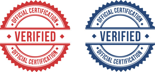 Fototapeta premium Verified Official Certification Stamps in Red and Blue | Quality Assurance Seals for Documents, Websites and Marketing