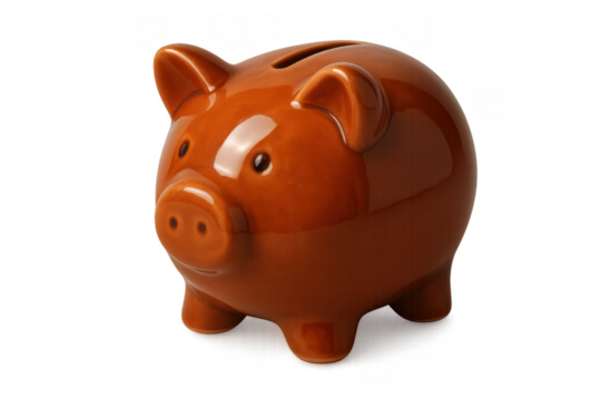 Brown piggy bank standing on transparent background