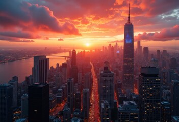 Naklejka premium dramatic cityscape at dusk with fiery sun setting behind skyscrapers and illuminated streets amidst vibrant orange and red cloudscape over urban skyline and river, fiery, dynamic, enchanting, scenic
