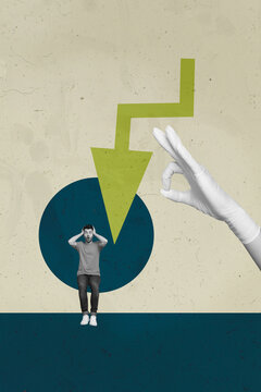 Collage with person observing rising arrow symbolizing startup growth business income statistics trading decrease increase