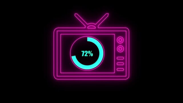 Numerical counting from 0 to 72. Circular progress bar with bright neon light , countdown animation timer circle countdown with television icon, live, stream, exercise, workout transparent background.