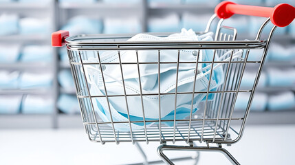 Medical mask in shop trolley on white background. Sale of medical masks. Coronavirus concept. 2019 nCoV.