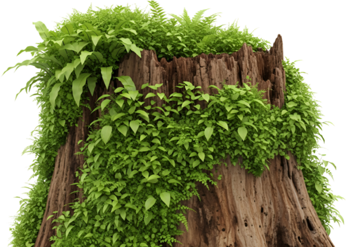 A weathered tree stump overgrown with vibrant green ferns and small leafy vines isolate greenery nature