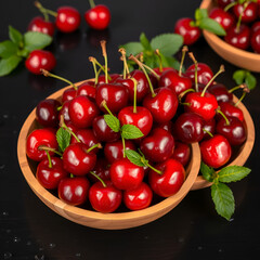 Fresh, red, juicy, sweet cherries are stacked in two wooden plates, on a black wooden table, decorated with green mint leaves and watered with drops of water.