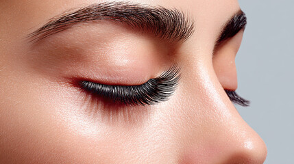 Macro shot of false lashes being placed on closed eye, smooth skin, natural eyebrow, beauty and calm expression, detailed texture, closeup view