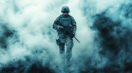 Soldier walks through smoke