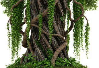 Ancient gnarled tree trunk entwined with cascading green vines and foliage Nature Forest Jungle Wood transparent background