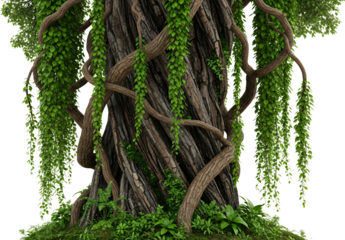 Ancient gnarled tree trunk entwined with cascading green vines and foliage Nature Forest Jungle Wood transparent background