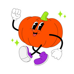 Groovy cartoon pumpkin character in retro 80s style for Halloween illustration