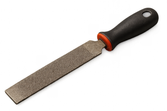 Metalworking file tool with black and orange handle on transparent background