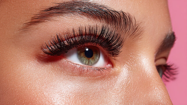 Closeup of green eye with long false lashes, natural eyebrow, and smooth skin on pink background, highlighting beauty and glamour in makeup application