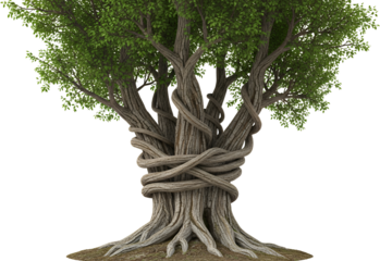 Majestic ancient tree with thick gnarled trunks intertwined by twisting vines green foliage overhead transparent background