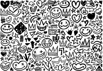 Abstract Graffiti Doodle Pattern with Smiley Faces and Arrows