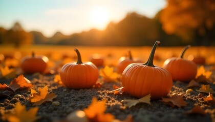 Close-up of miniature pumpkins scattered across a freshly harvested field in autumn, golden hour sunlight, clear blue sky, vibrant fall foliage in the background.