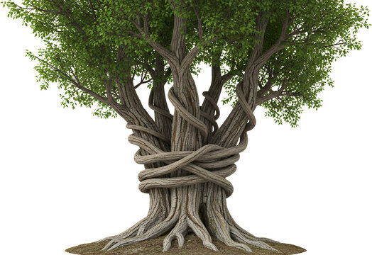 Majestic ancient tree with thick gnarled trunks intertwined by twisting vines green foliage overhead transparent background