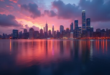 Fototapeta premium vibrant city skyline overlooking calm waters during a dramatic sunset with reflections and illuminated skyscrapers under colorful clouded evening sky, skylines, landscape, city, dramatic