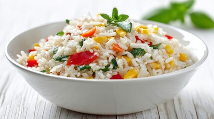 Fresh Vegetable Rice Dish in White Bowl on Wooden Table