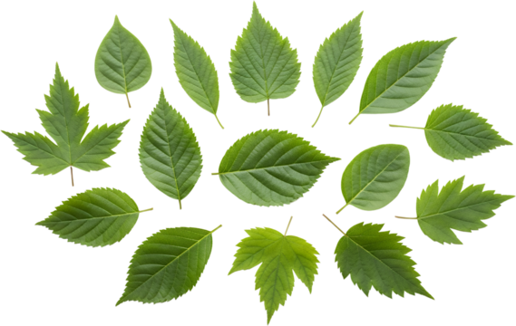 Collection of diverse green leaves with serrated edges and distinct veins isolated on black leaf nature transparent background