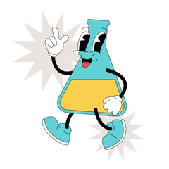 Cute cartoon test tube character in retro 80s style for school and education illustration