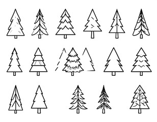 Various hand-drawn pine tree silhouettes