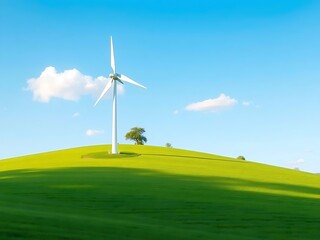 Flat design of a wind turbine standing tall on a green hill with a clear blue sky, representing sustainable energy, renewable power, eco-friendly technology, and modern environmental concept