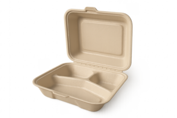 Open biodegradable three compartment lunch box on transparent background