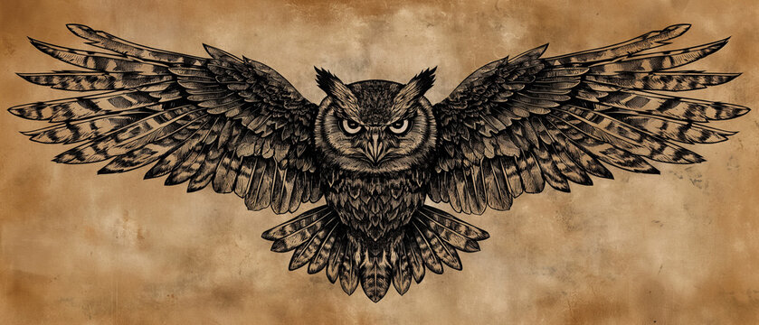 Owl Spreading Wings Detailed Drawing on Textured Background - Powered by Adobe