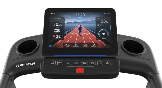 Modern treadmill display with exercise data - Powered by Adobe