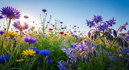 A vibrant meadow of colorful wildflowers blooming under a clear blue sunny sky. A beautiful, serene scene representing spring, summer, and nature's beauty.
