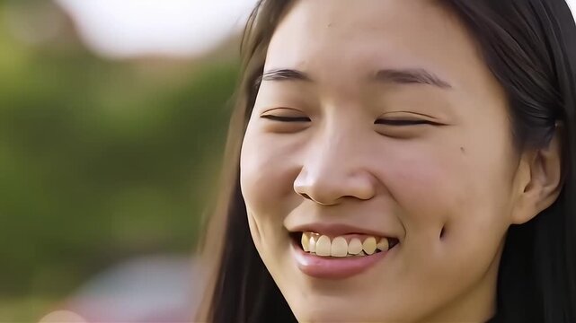 Joyful young woman with dimples smiling brightly outdoors, capturing pure happiness and vibrant energy.