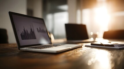 Laptops and charts on a desk in a business meeting setting  long title Laptops displaying charts and data placed on a wooden desk in a well lit