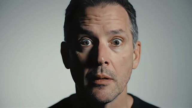 Shocked man's close-up face expresses surprise and disbelief with wide eyes and open mouth