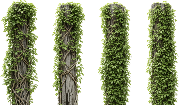 Four weathered wooden posts covered in dense green ivy and winding vines isolate Pillar Column Timber