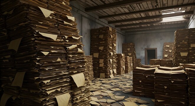 An old, messy archive room filled with towering stacks of dusty documents and files. Symbolizes bureaucracy, history, and outdated information storage. - Powered by Adobe