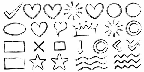 Assorted Hand Drawn Doodle Graphics with Hearts Stars Checkmarks and Waves sketch