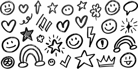 Black and White Hand Drawn Doodle Elements Including Smiles and Stars symbols