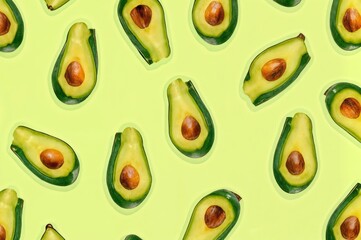 Vibrant Repeating Pattern of Halved Avocados with Green Skin and Yellow Flesh Against a Light Green Background, Perfect for Healthy Food Designs, Kitchen Decor, and Trendy Organic Culinary Projects
