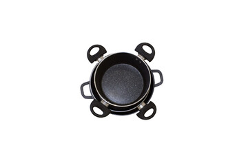 set of pots top view isolated, set of pots stacked on top of each other on white background