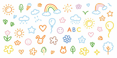 Colorful Hand Drawn Doodle Icons of Nature Weather and Alphabet vector illustration