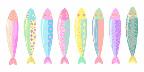 Collection of nine colorful patterned fish with whimsical designs on a white background