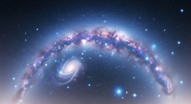 Celestial panorama of interacting galaxies creating a luminous stellar arc across the vast, deep cosmos