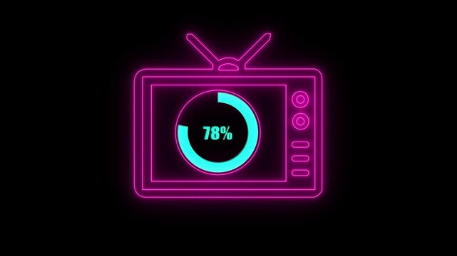 Numerical counting from 0 to 78. Circular progress bar with bright neon light , countdown animation timer circle countdown with television icon, live, stream, exercise, workout transparent background.