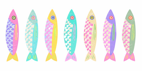 Set of Seven Colorful Stylized Fish Illustrations drawing