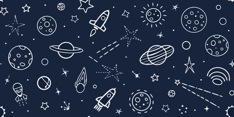 Whimsical hand drawn space objects and rockets on a dark blue background cosmos galaxy © Anik