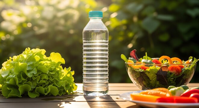 A refreshing outdoor scene with a bottle of water, a fresh salad, and vegetables on a wooden table. Promotes a healthy lifestyle, diet, and wellness.