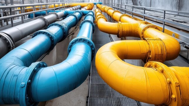 Large blue and yellow industrial pipes run parallel in a modern facility, conveying liquids or gases through a metallic infrastructure.