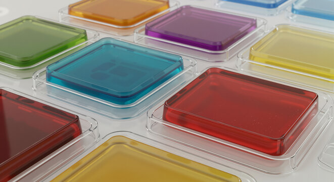 Rectangular agar culture blocks in transparent trays arranged colorfully  