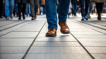 Fototapeta premium Close up of person wearing jeans and brown boots walking on a tiled sidewalk
