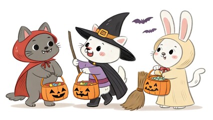 Adorable kittens dressed in halloween costumes holding trick or treat candy buckets