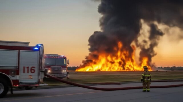 Firefighter observing large outdoor fire with truck and smoke plumes